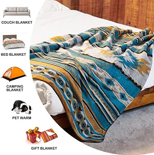 Aztec Patterned Throw Blanket with Soft Sherpa Lining, Traditional Southwestern Navajo Tribal Style Warm Throw for Camping, Outdoor, Light Weight Cozy Boho Blanket for Couch, Bed, 127x152cm, Teal