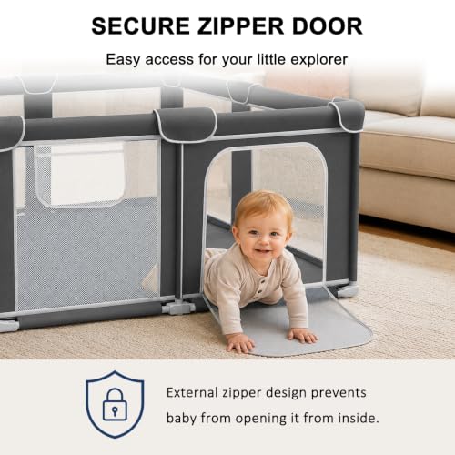 Image of Foldable Playpen for Babies and Toddlers, 50 inchx50 inch Portable Play Yard with Mat, Kids Collapsible Play Pen with Sturdy Metal Frame & Mesh Walls, Indoor & Outdoor Baby Fence Play Area