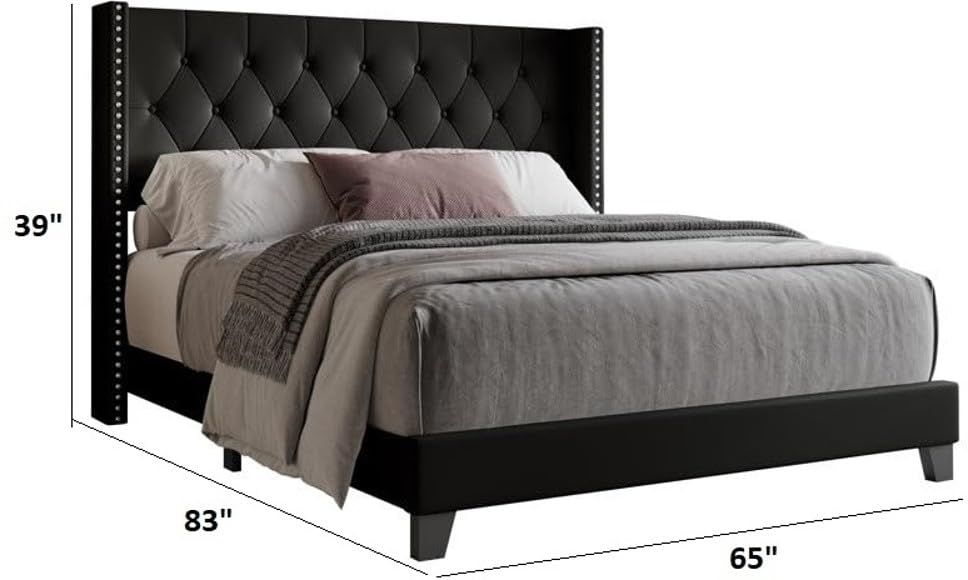 Image of Wooden Modern Upholstered King Size Bed for Bedroom | Wooden Double Bed Without Storage | Platform Cot Upholstered Bed with Upholstery Fabric | Engineered Wood | 6.5 x 6 Ft | Black Waylen