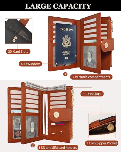 Women’s Wallet RFID Blocking Leather Trifold Wallet Large Capacity Ladies Travel Wallet with Coin Pocket & Credit Card Holder (Black＆Brown)4