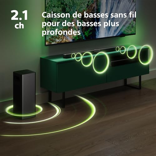 Philips TAB6309 Barre de Son 2.1 avec Caisson de Basses sans Fil - canaux 2.1 320 W, DTS Virtual X, Bluetooth 5.4, HDMI Arc, Connexion Optique et connectivité USB - Gris foncé