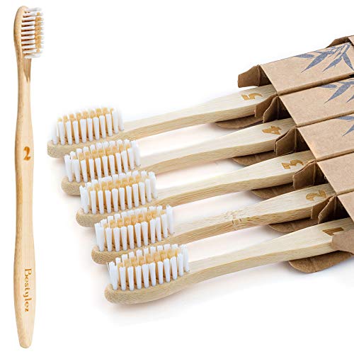 Bestylez Bamboo Toothbrushes, Medium Soft Nylon Bristle, Wooden Toothbrush, Biodegradable Natural Organic & Vegan Tooth Brush (Adult 5 Pack Cream White)