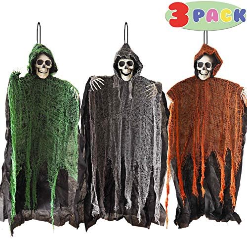3 Pack Halloween Hanging Skeleton Ghost Decorations, 36" Scary Grim Reaper for Outdoor & Indoor Decor, Haunted House Party Supplies, Spooky Yard Halloween Decoration, House Props
