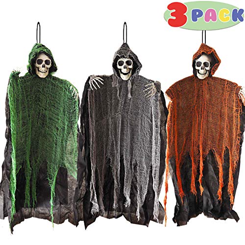 3 Pack Halloween Hanging Skeleton Ghost Decorations, 36" Scary Grim Reaper for Outdoor & Indoor Decor, Haunted House Party Supplies, Spooky Yard Halloween Decoration, House Props