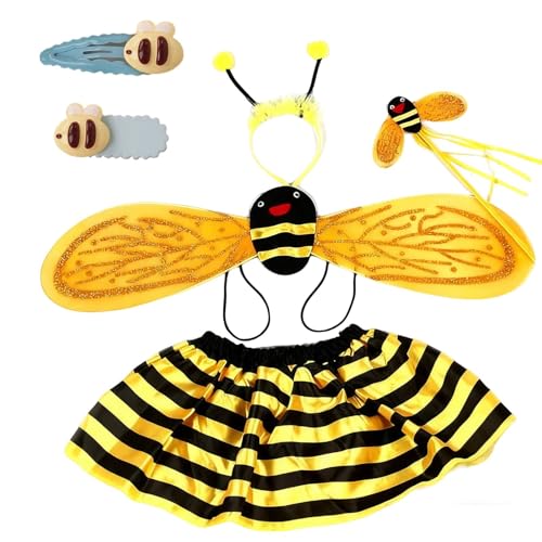 CLDURHGE Costume Ape Bambina 5 Pezzi Set con Gonna Tulle Ali Cerchietto Bacchetta Gialla per Festa Travestimento 3-12 Anni Carnevale Halloween