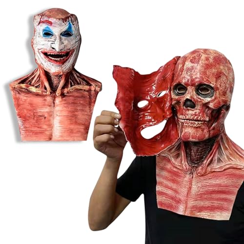 TISMHGKU Masque de Clown d'Halloween à Double Couche et Surface Pelable + Crâne d'horreur Sanglant, en Latex, Masque Effrayant Adulte avec Mâchoire Mobile pour Cosplay, Carnaval et Fête d’Halloween