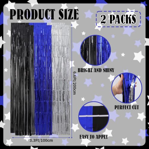 Image of TONIFUL 2Pcs Black Blue Silver Metallic Tinsel Foil Fringe Curtain Streamer | 3.3ftx6.6ft Photo Booth Backdrop Door Streamer for Boys' Men's Birthdays Baby Shower Graduation Photo Booth Party Decorations