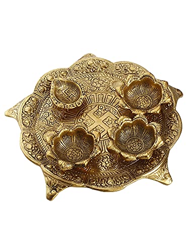 Image of eCraftIndia Golden Metal Swastik Designer Pooja Thali With 3 Bowls And 1 Diya - Traditional Pooja Essential Set For Home, Temple Use - Gift For Family - Suitable For Diwali, Navratri, Pooja Ceremonies
