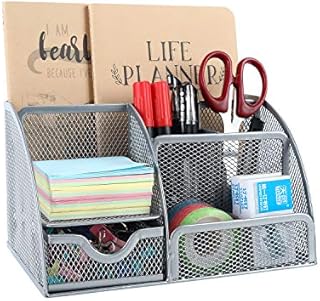 EasyPAG Office Mesh Desk Tidy Versatile Stationery Storage Desktop Organiser Pen Holder with Drawer,Silver