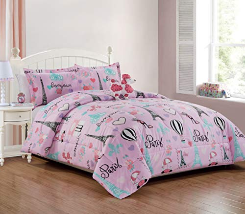 Sapphire Home 8 Piece Full Size Girls Kids Teens Comforter Set Bed In Bag, Shams, Sheet Set & Decorative Toy Pillow, Kids Comforter Bedding W/Sheets, Love Paris French Poodle, 8Pc Paris-Poodle #TOP6