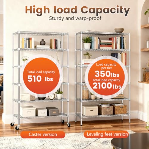 Image of BestOffice | 6-Tier Wire Shelf with Wheels | 48 inch x 18 inch x 81 inch | Chrome