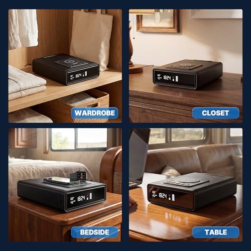 Image of ORARAER Biometric Gun Safe with Wireless Charging, 12-Hour Clock Display & Adjustable Brightness, Bedside Pistol Safe with Fingerprint, Backup Key, LED Light & Humidity Monitor，Ideal Gift for Men