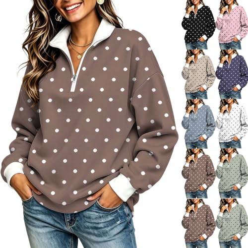 Polka Dot Sweatshirt Women 1/4 Zip Fleece Collared Casual Pullover Top - image 1