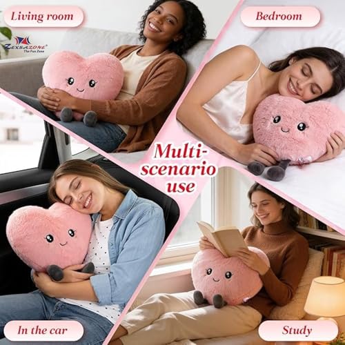 Image of ZEXSAZONE Cute Heart Plush Pillow, Soft Stuffed Heart Shape Cushion Toy, Pink Teddy Pillow for Kids, Girls, Valentine's Day, Birthday Gift, Home & Bedroom Decoration