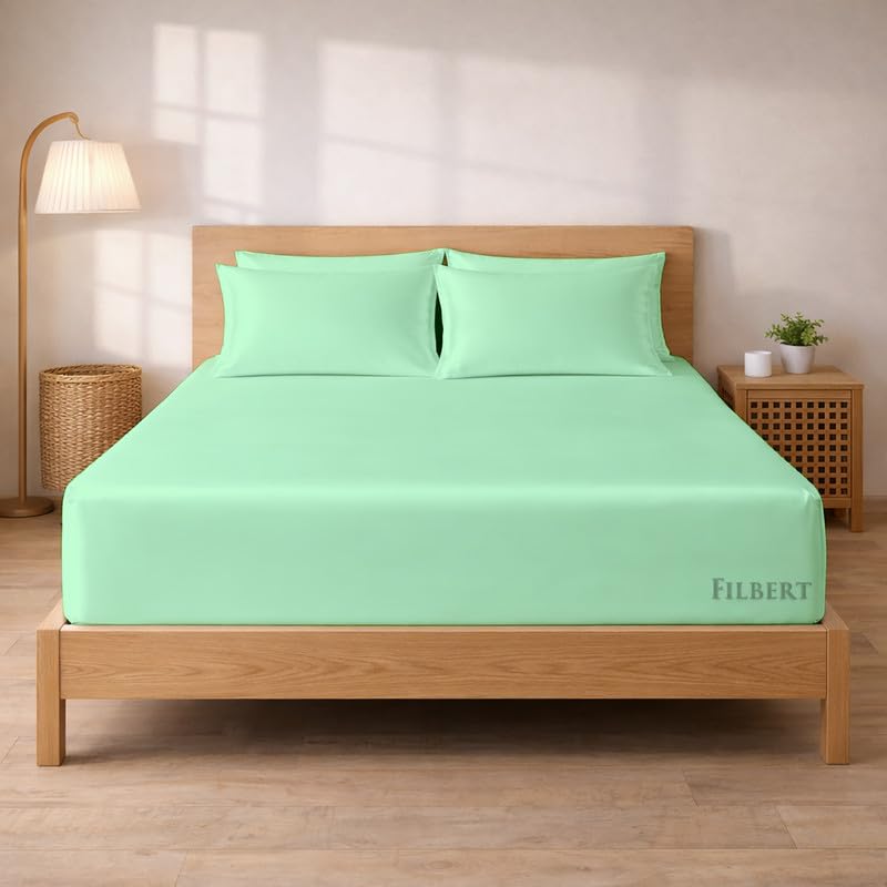 Image of Filbert - Premium Satin Fitted Bedsheet King Size (72x78 Inch) with 2 Pillow Covers | Hypoallergenic Breathable | Hair and Skin Friendly, Women Gift Choice|Aqua Green