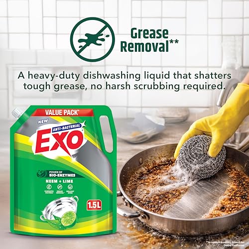 Image of Exo Anti-Bacterial Liquid Dishwash Gel - 1.5L Value Pack | Anti-Bacterial Formula with Neem & Lime for Sparkling Clean Utensils | Powered with Bio Enzymes for Tough Grease Removal & Brilliant Shine