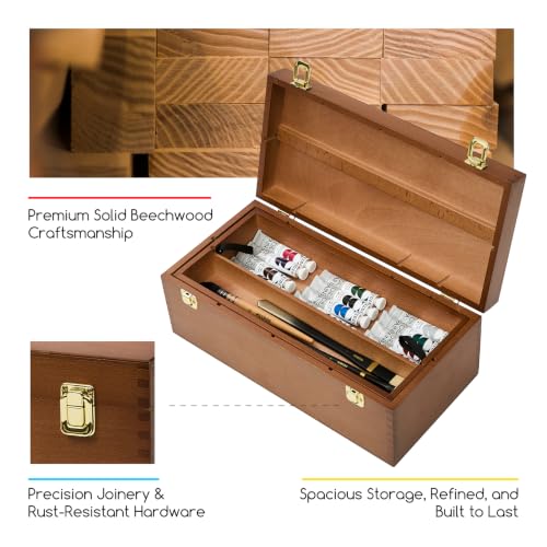 Image of MEEDEN Large Wooden Tool Storage Box: Portable Art Supply with Handle | Beech Wood Art Supply Case - Built-in Removable Tray & Compartments Toolbox Case for Artists and DIY Craft Sewing Supplies