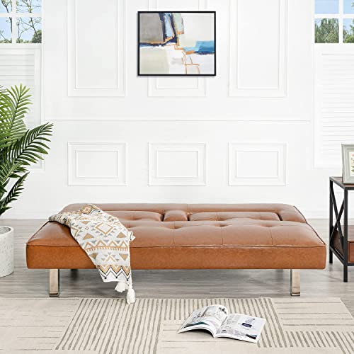 Astrid Futon Sofa Bed Faux Leather Futon Couch Modern Convertible Folding Sofa/Bed Couch With Chrome Legs Reclining Mini Coach Leather Futons Small Couch For Bedroom Living Rooms, Office - Caramel #TOP7