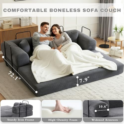 Image of 80 Inch Multi-Functional Convertible Sofa Bed, Fixed Shape Frame, High Density Foam with Corduroy, Easy Assembly, for Living Room and Bedroom. (Gray)