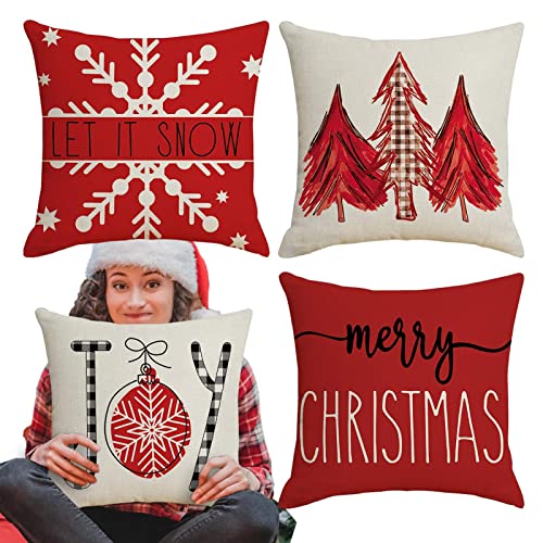 - Cojín de Navidad, 18 x 18 pulgadas, diseño de Navidad, funda de almohada para fiestas de invierno, funda de cojín de lino, algodón, decoración navideña