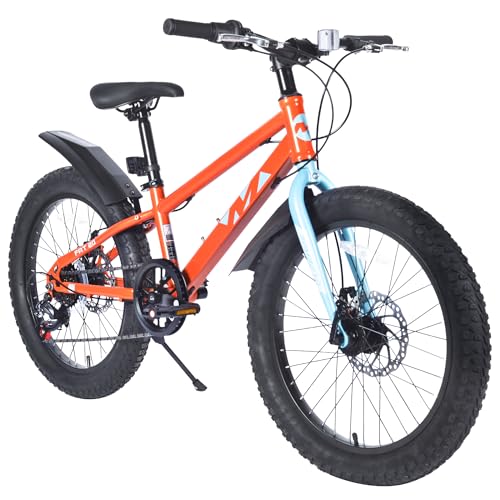 GRELiving Fat Tire Mountain Bike 20Inch Wheels,Shimano 7 Speeds, with High Carbon Steel Frame,Dual-Disc Brake Fat Tire Bike/Kids Beach and Snow Bicycle (Orange)