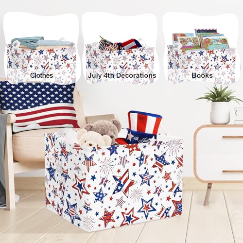 Image of Clastyle Independence Day Patriotic Baby Gift Basket American Flag Firework Kid Book Toy Nursery Bin Collapsible Beach Towel Basket Clothes Organizer, Star, 40 * 30 * 30 cm