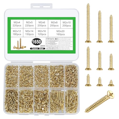 1650 Pcs M2 for Wood Assortment, Self Tapping, Small Self-tapping Screws, Assorted Screws Set, Mixed Cross Flat Head for Drywall Chipboard Furniture Decking (Gold)