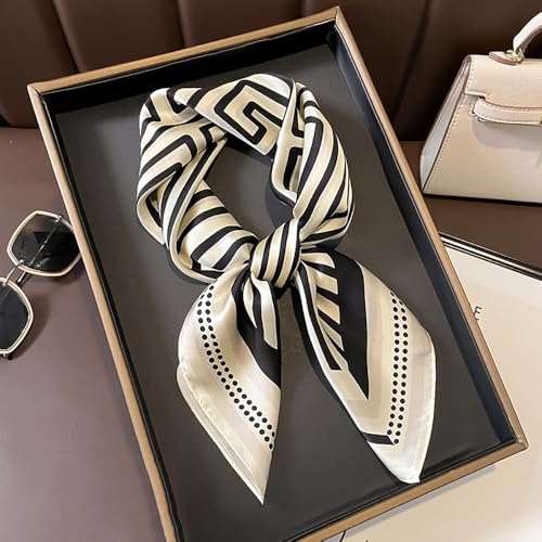 JERLA 100% Pure Mulberry Silk Square Scarf for Hair-26''x26'' Women Men Natural Silk Neckerchief Headscarf (Black and cream white geometry stripe)4