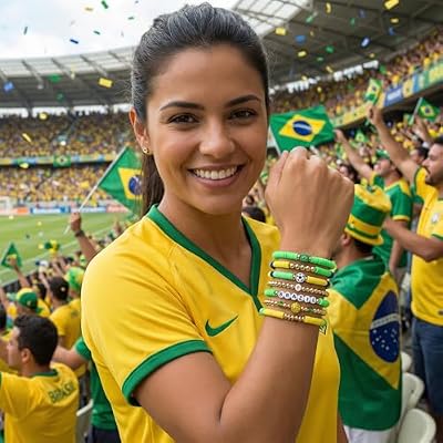 World Soccer Game-day Cup Bracelet Stack Set 7pcs Softball/Baseball/Basketball/Soccer/Volleyball/Tennis/Football Stretch Sports Fans Jewelry Sports Beaded Bracelets with Charms