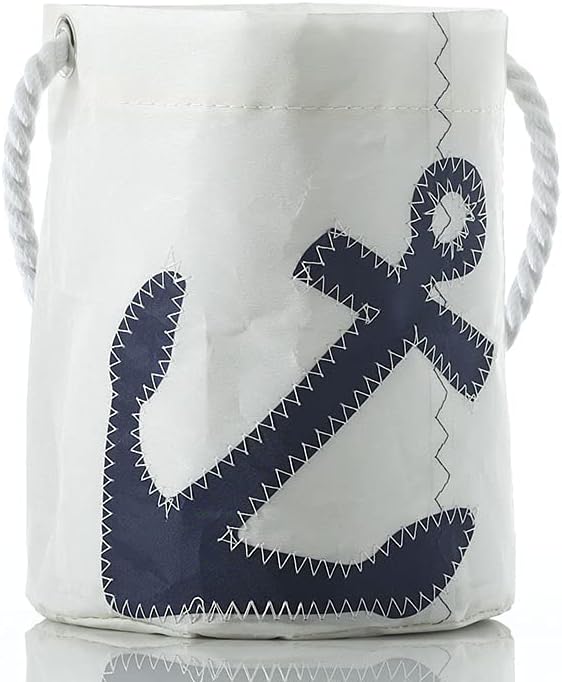 - Recycled Sail Cloth Navy Anchor Bucket Bag Reusable Utility Bag, Sail Cloth Organizer Bucket Rope Handle. Made in the USA.
