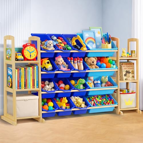Etitlly Kids Toy Storage Organizer with Bookshelf – Wooden Shelf
