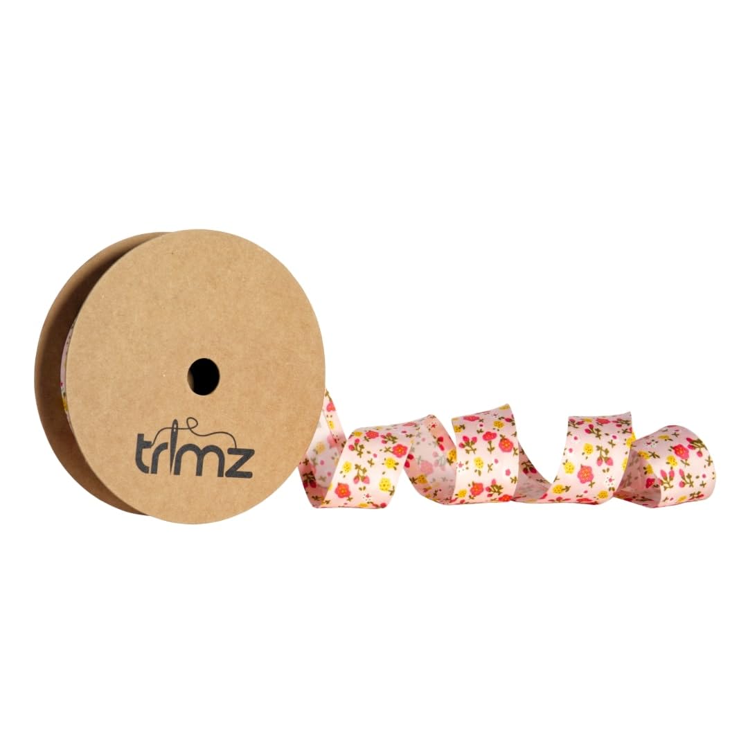 Trimz Polycotton Floral Bias Binding 25mm, 20m – Fabric Edge Binding Tape for Sewing, Quilting & Dressmaking – Pink Red Yellow