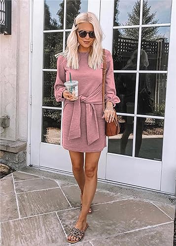 Image of PRETTYGARDEN Womens Spring Elegant Long Lantern Sleeve Short Dress Wedding Guest Crewneck Tie Waist Knit Cocktail Dresses