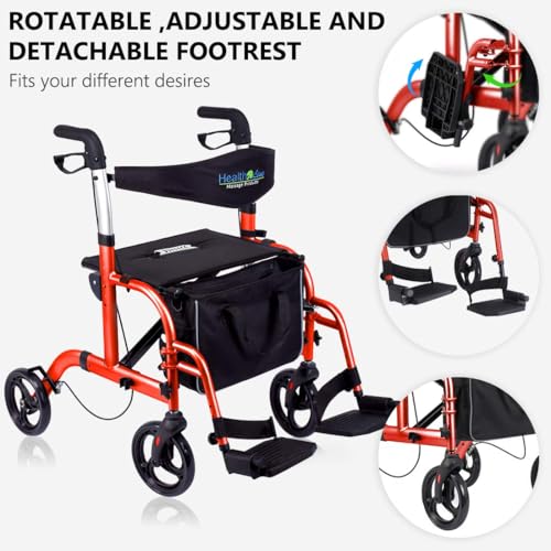 Health Line Massage Products 2 in 1 Rollator-Transport Chair w/Paded Seatrest, Reversible Backrest and Detachable Footrests, Cherry Red