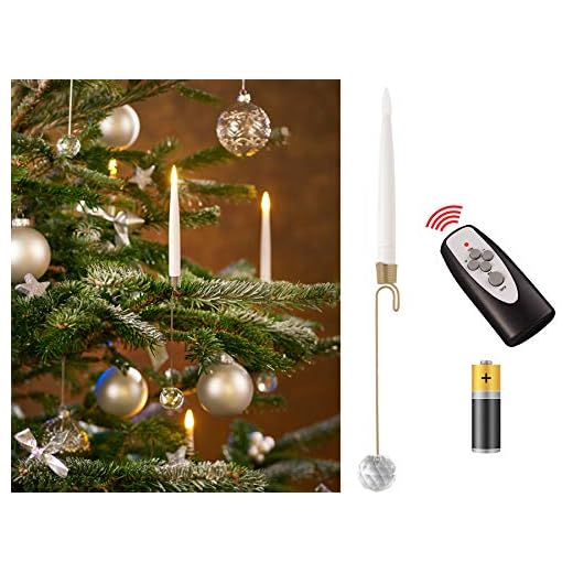 10 LED julgransljus – stavljus med pendelhållare och glaskula, trådlös, timer, dimfunktion, flicker-läge/julbelysning för inomhus (ljushållare: guld)