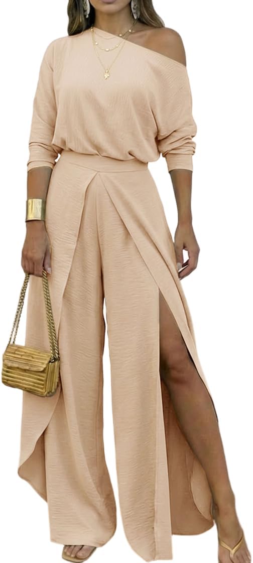 CHICME Women Summer 2 Piece Outfits Off Shoulder Batwing Sleeve Top Flowy Slit Wide Leg Pants Sets Trave Matching Set