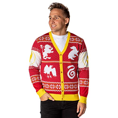 Harry Potter Men's Hogwarts Houses Ugly Christmas Sweater Knit Button-Up Cardigan