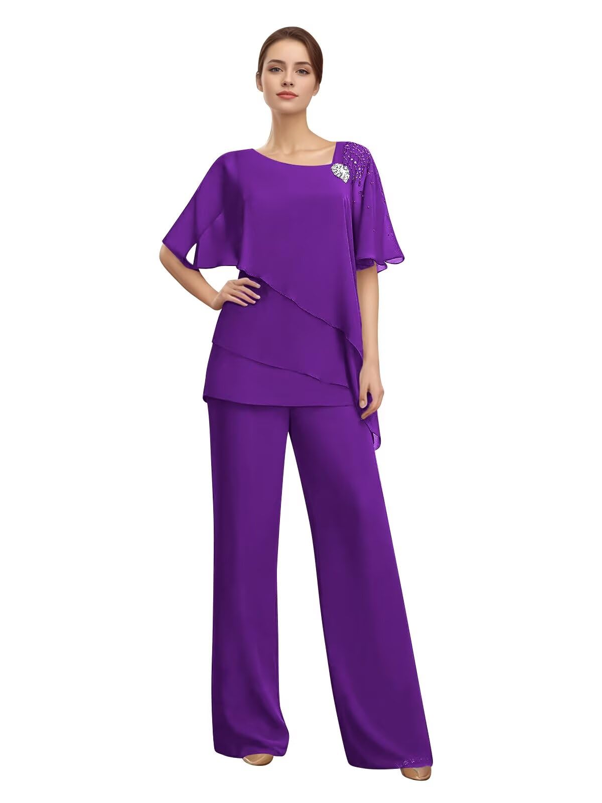 2 Pieces Tiered Chiffon Mother of The Bride Pant Suits for Wedding Asymmetric Beaded Formal Pant Suits