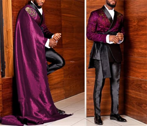 Mens 3 Pieces Royal Blue Tuxedo Set Slim Fit Prom Graduation Party Jacquard Jacket Pants with Removable Satin Cape2