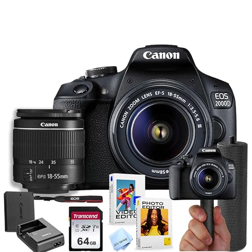 Canon EOS 2000D / Rebel T7 DSLR Camera w/EF-S 18-55mm F/3.5-5.6 Zoom Lens + 64GB Memory + Stabilizing Grip + Software Pack +More (Value Bundle) (Renewed)