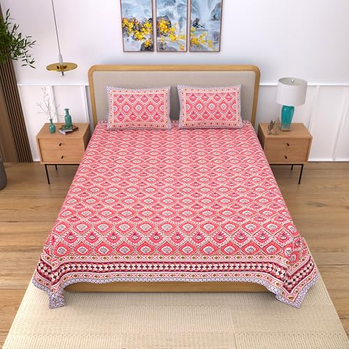 Image of India 100% Pure Cotton Jaipuri Printed Double Bedsheet with 2 Pillow Covers | Traditional Sanganeri Floral Design | Soft Breathable Fabric | King Size Bedsheet for Bedroom (Kaya47)