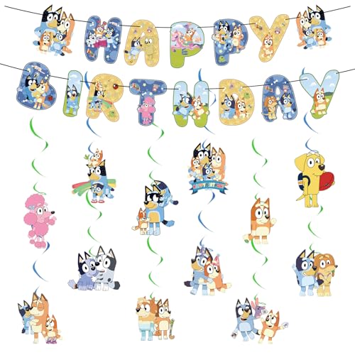 bly 14PCS Bluey Geburtstagsdeko Bunting Girlande und hängende Dekoration Happy Birthday Banner Dekorationen Gute zum Geburtstag Banner Dekorationen Bluey Thema für Kinder Geburtstag Party