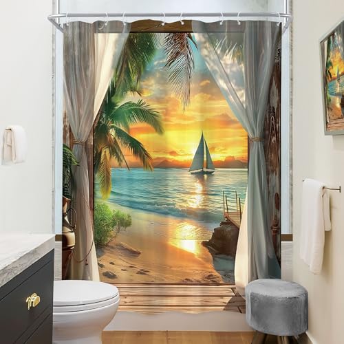 Image of Riyidecor Beach Ocean Sea Shower Curtain 48Wx72H Inch Narrow Summer Beachy Seaside Coastal Hawaiian Sunset Tropical Sunrise Scenery Wooden Girly Bathroom Decor Fabric Polyester Waterproof 8 Pack Hooks