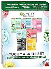 Garnier Set di maschere in panno per ogni tipo di pelle, 7 maschere per il viso per pelli secche a normali, formula vegana con acido ialuronico, Hydra Bomb e Nutri Bomb set maschere 7 x 28 g