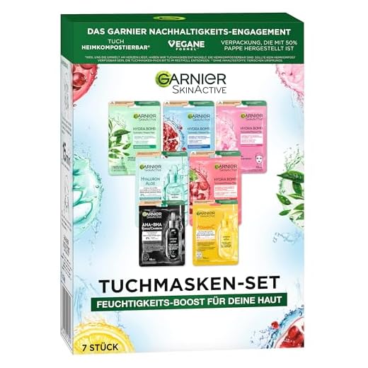 Garnier Set di maschere in panno per ogni tipo di pelle, 7 maschere per il viso per pelli secche a normali, formula vegana con acido ialuronico, Hydra Bomb e Nutri Bomb set maschere 7 x 28 g