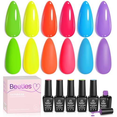 Image of Beetles Neon Gel Nail Polish - Rainbow Kingdom, 6 Colors Hot Pink Blue Yellow Green Summer Gel Nail Polish Set, Soak Off UV LED Bright Rainbow Summer Nails Art, Long-Lasting Manicure Salon DIY Home