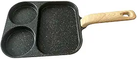 Panela Antiaderente para Ovos e Bistec 3 em 1 de Alumínio com Seções Cozinhar Fritos Cabo Madeira Presunto Omelete Muffins Ovo Bacon