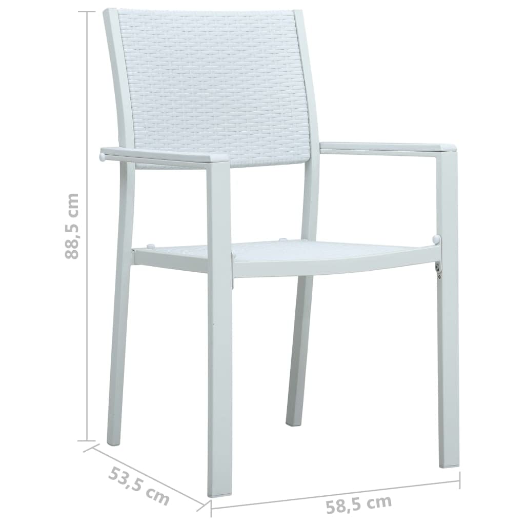 Krzesła ogrodowe 4 szt białe plastik stylizowany na rattan meble tarasowe patio stabilne stalowa rama wytrzymałe odporne na czynniki atmosferyczne łatwe do czyszczenia