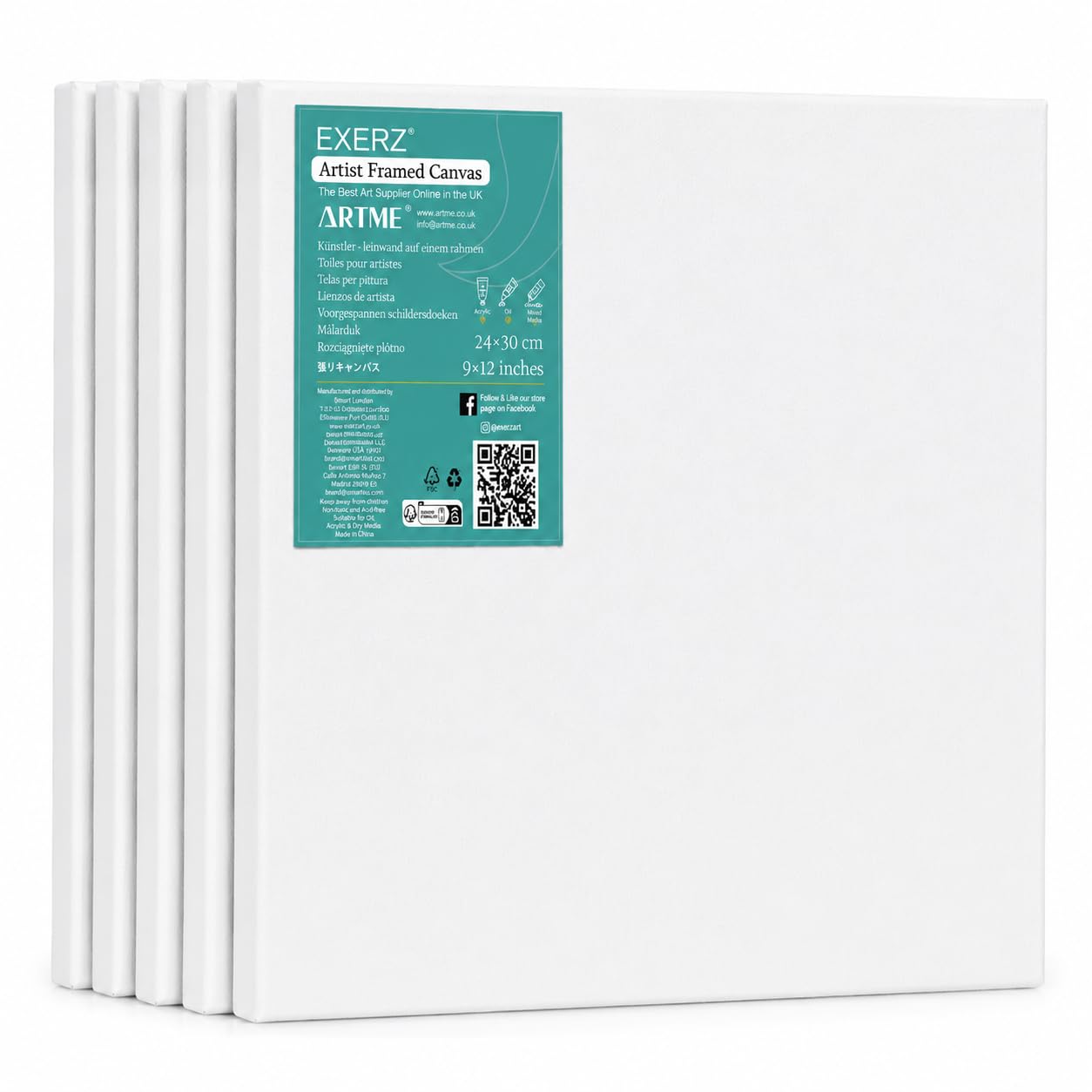 Exerz White 24X30cm Framed Canvas 5Pk - 1.7Cm Pre-Stretched Canvas Artist Blank/280Gsm 100% Cotton/Triple Primed/Acid Free/Medium Grain - Acrylic & Oil