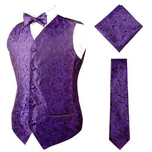 Alizeal Mens Classic Paisley Floral Single Breasted Business V-Neck Tuxedo Vest, Self-Tied Bow Tie, 9cm Necktie and Pocket Square Set, Dark Purple-2XL